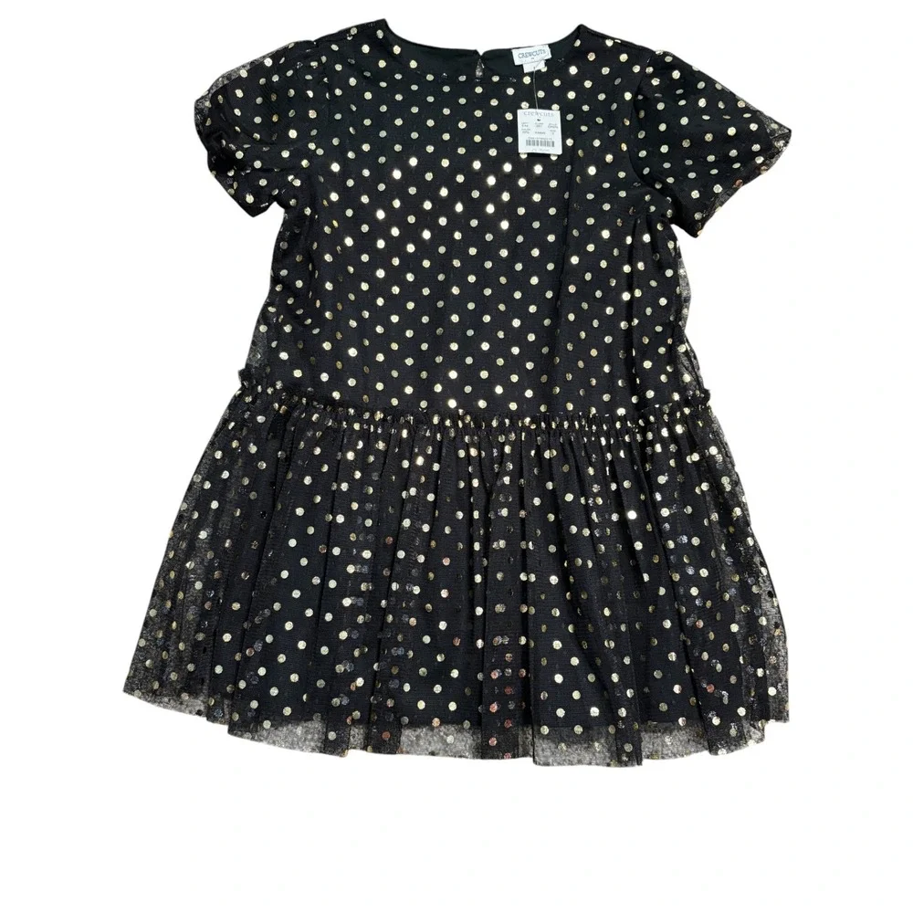 Crewcuts Dress Girl 7 NWT Black Gold Polka Dot Tulle Short Sleeve Holiday Party